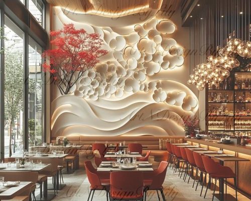 Modern Luxury Restaurant Interior with Sculptural Wall Art and Warm Lighting (2 Images + 1 Moodboard)